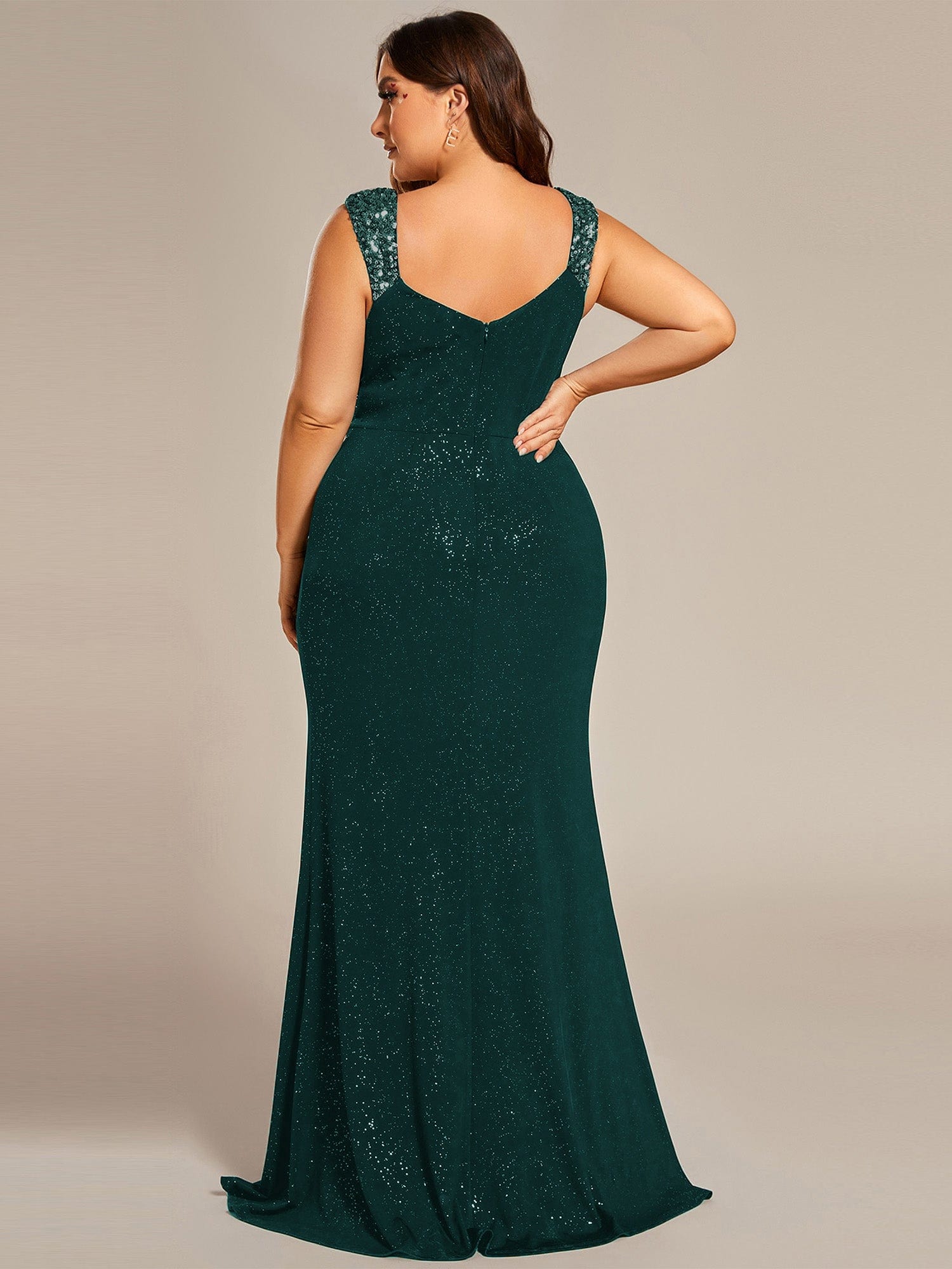 Plus Size Glitter V-Neck High Slit Sequin Shoulder Strap Evening Dress #color_Dark Green Plus Size Glitter V-Neck High Slit Sequin Shoulder Strap Evening Dress #color_Dark Green