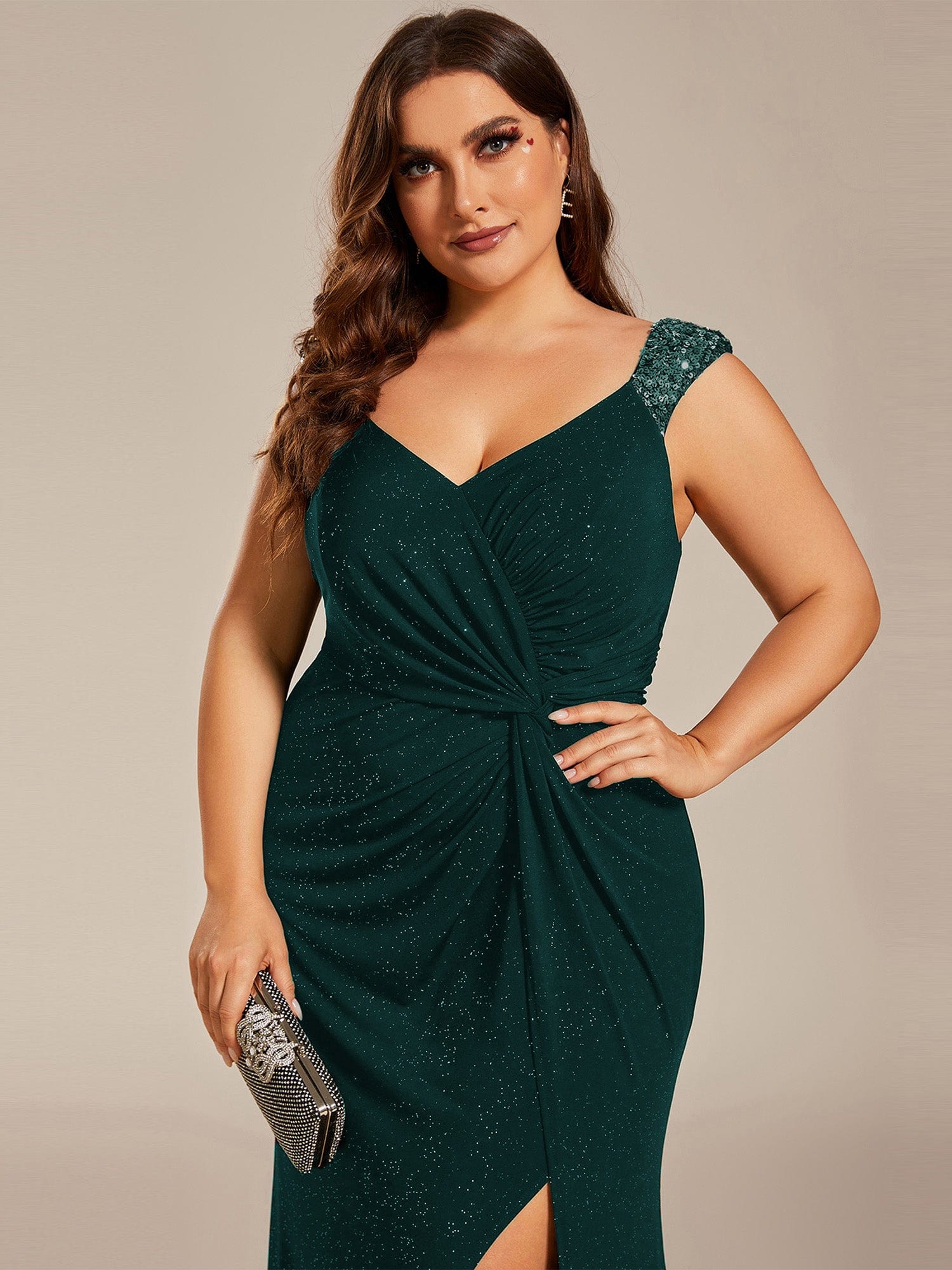 Glitter V-Neck High Slit Sequin Shoulder Strap Evening Dress #color_Dark Green Glitter V-Neck High Slit Sequin Shoulder Strap Evening Dress #color_Dark Green