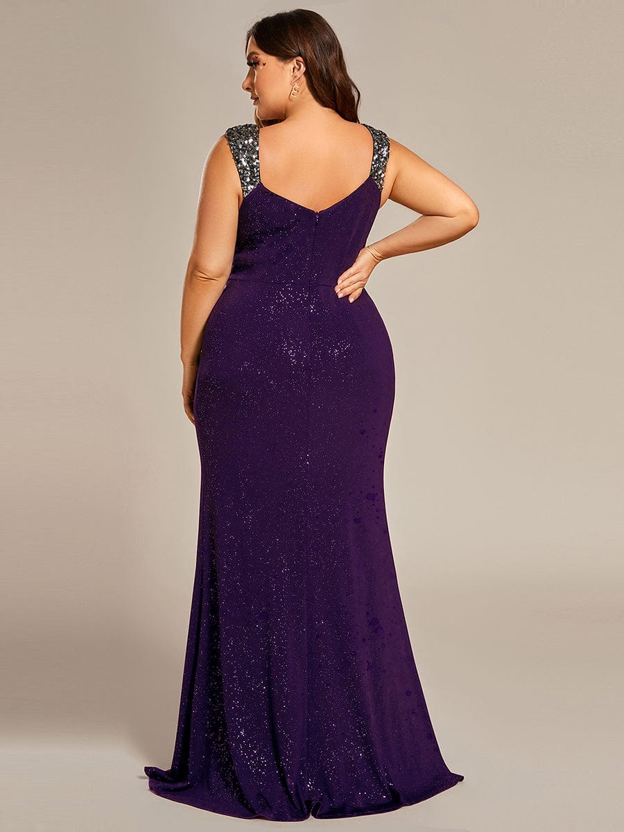 Glitter V-Neck High Slit Sequin Shoulder Strap Evening Dress #color_Dark Purple Glitter V-Neck High Slit Sequin Shoulder Strap Evening Dress #color_Dark Purple
