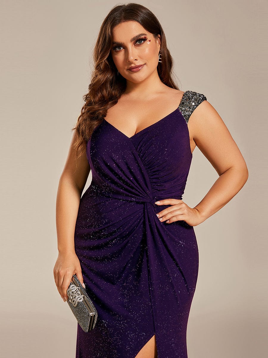 Plus Size Glitter V-Neck High Slit Sequin Shoulder Strap Evening Dress #color_Dark Purple Plus Size Glitter V-Neck High Slit Sequin Shoulder Strap Evening Dress #color_Dark Purple