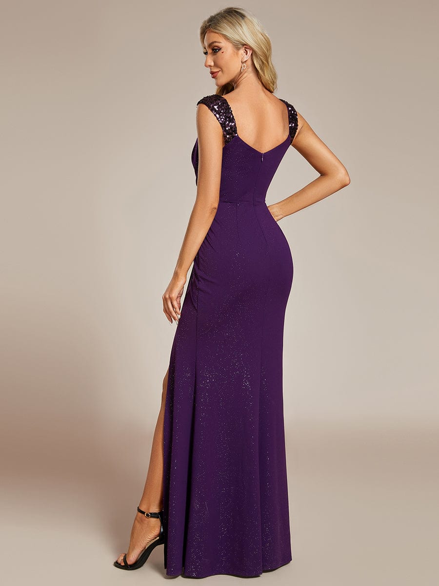 Glitter V-Neck High Slit Sequin Shoulder Strap Evening Dress #color_Dark Purple Glitter V-Neck High Slit Sequin Shoulder Strap Evening Dress #color_Dark Purple