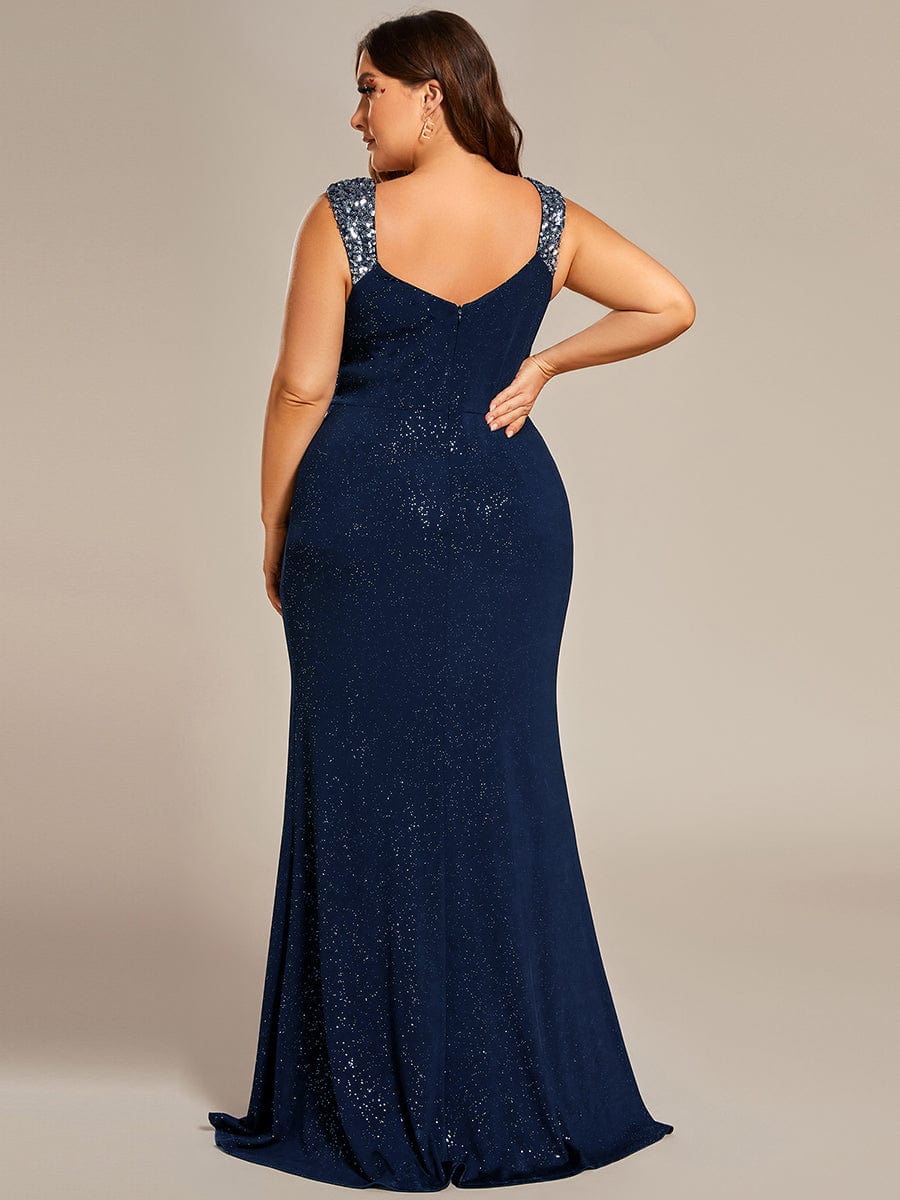 Plus Size Glitter V-Neck High Slit Sequin Shoulder Strap Evening Dress #color_Navy Blue Plus Size Glitter V-Neck High Slit Sequin Shoulder Strap Evening Dress #color_Navy Blue