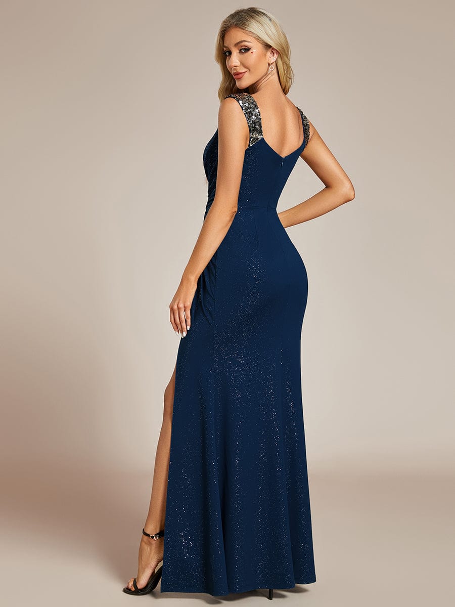 Glitter V-Neck High Slit Sequin Shoulder Strap Evening Dress #color_Navy Blue Glitter V-Neck High Slit Sequin Shoulder Strap Evening Dress #color_Navy Blue