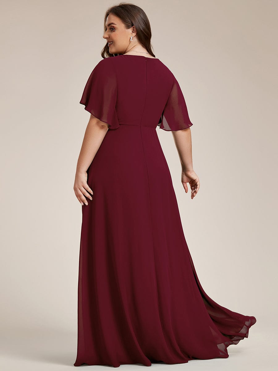 Plus Size Floral Applique Short Sleeve A-Line Chiffon Evening Dress #color_Burgundy Plus Size Floral Applique Short Sleeve A-Line Chiffon Evening Dress #color_Burgundy