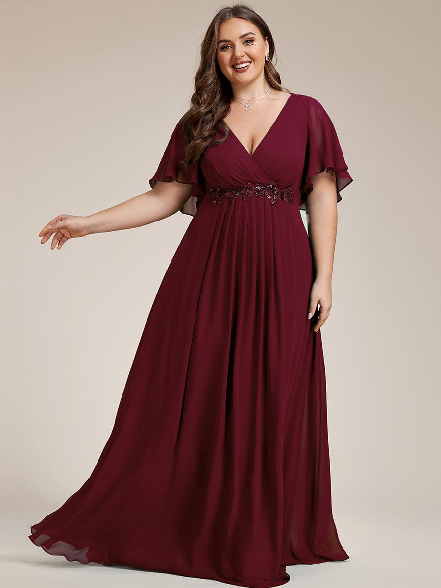 Plus Size Floral Applique Short Sleeve A-Line Chiffon Evening Dress #color_Burgundy Plus Size Floral Applique Short Sleeve A-Line Chiffon Evening Dress #color_Burgundy