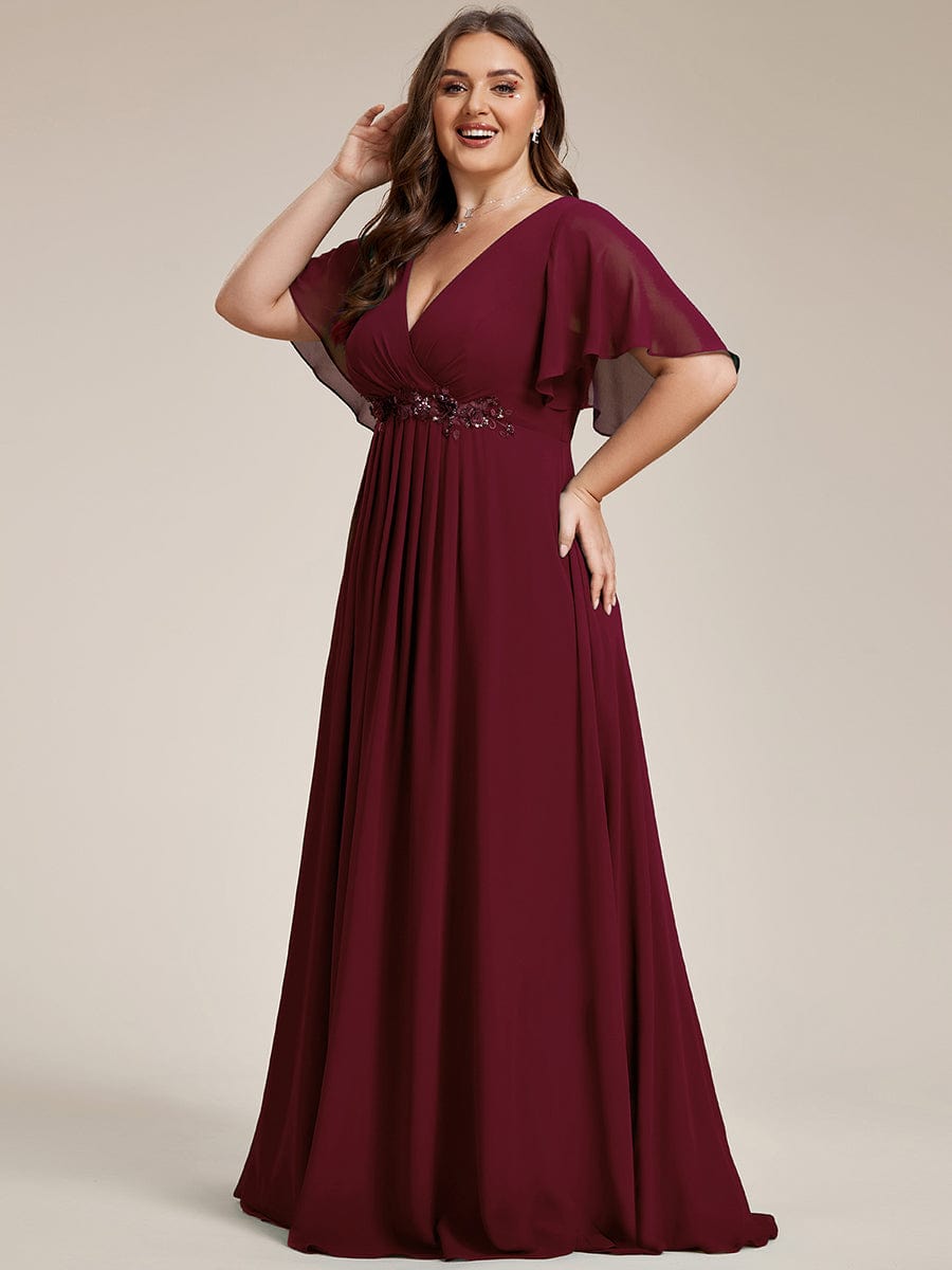 Plus Size Floral Applique Short Sleeve A-Line Chiffon Evening Dress #color_Burgundy Plus Size Floral Applique Short Sleeve A-Line Chiffon Evening Dress #color_Burgundy