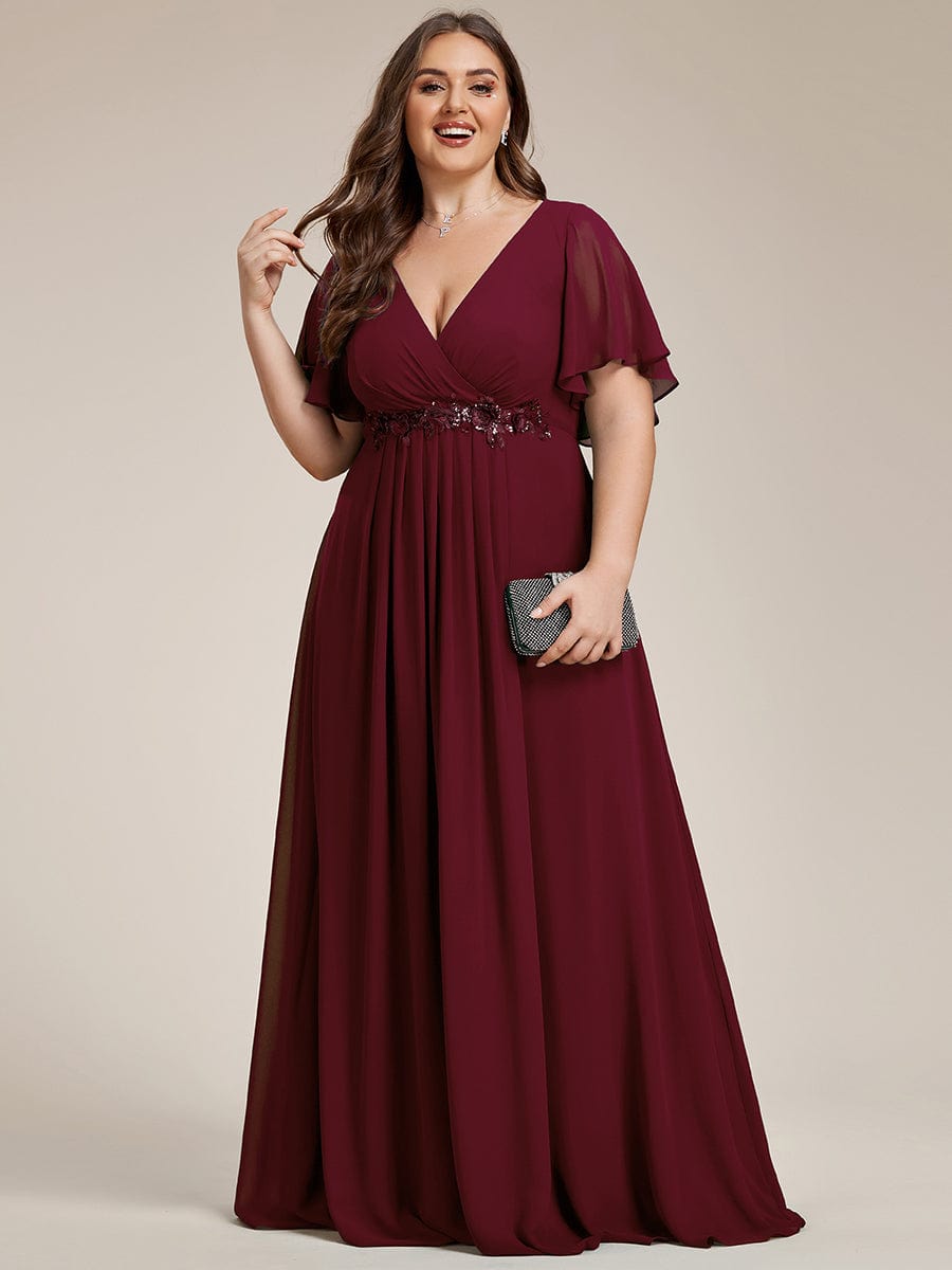 Plus Size Floral Applique Short Sleeve A-Line Chiffon Evening Dress #color_Burgundy Plus Size Floral Applique Short Sleeve A-Line Chiffon Evening Dress #color_Burgundy