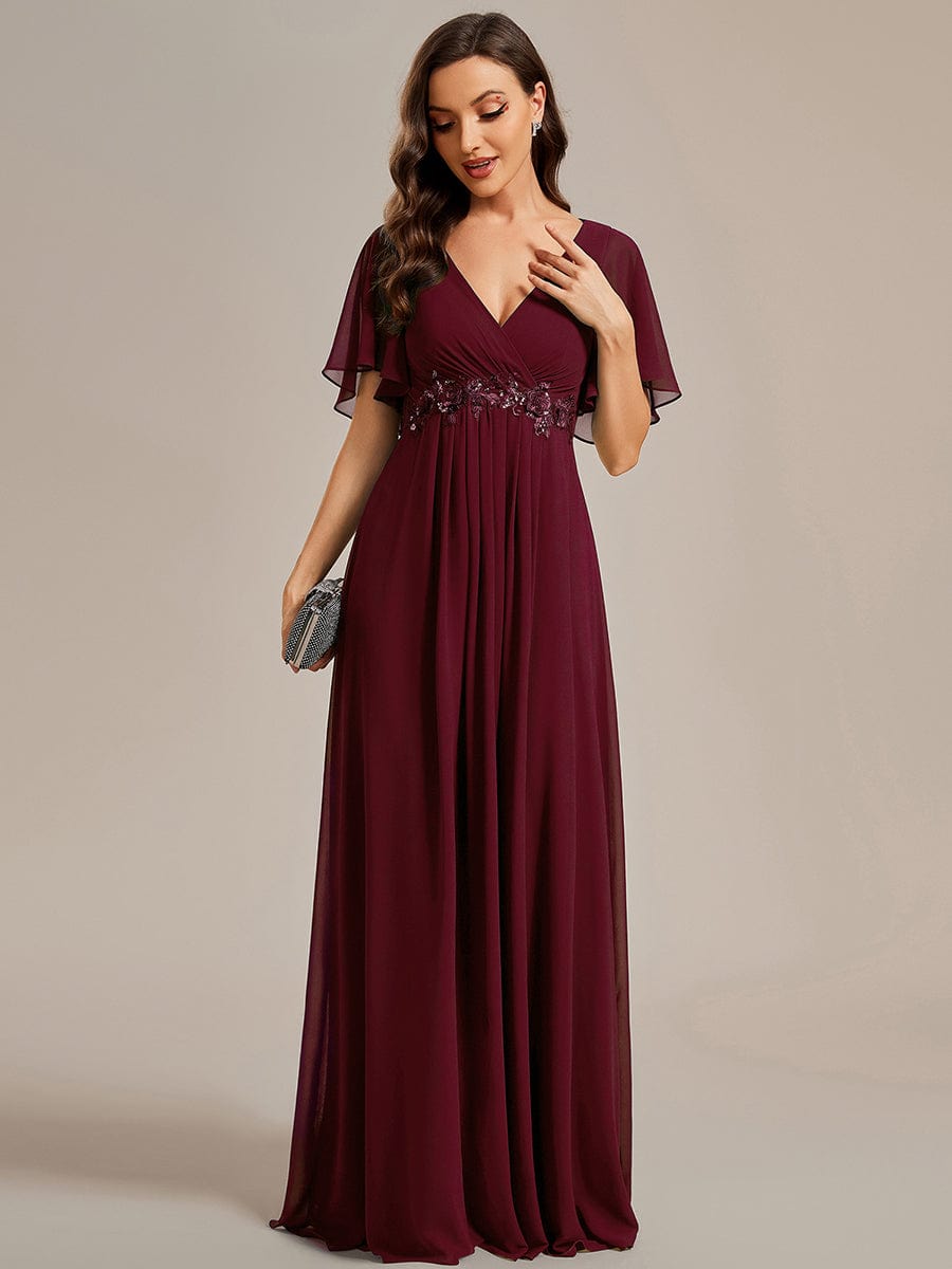 Ruffles Sleeve A-Line Chiffon Waist Applique Maxi Evening Dress #color_Burgundy Ruffles Sleeve A-Line Chiffon Waist Applique Maxi Evening Dress #color_Burgundy