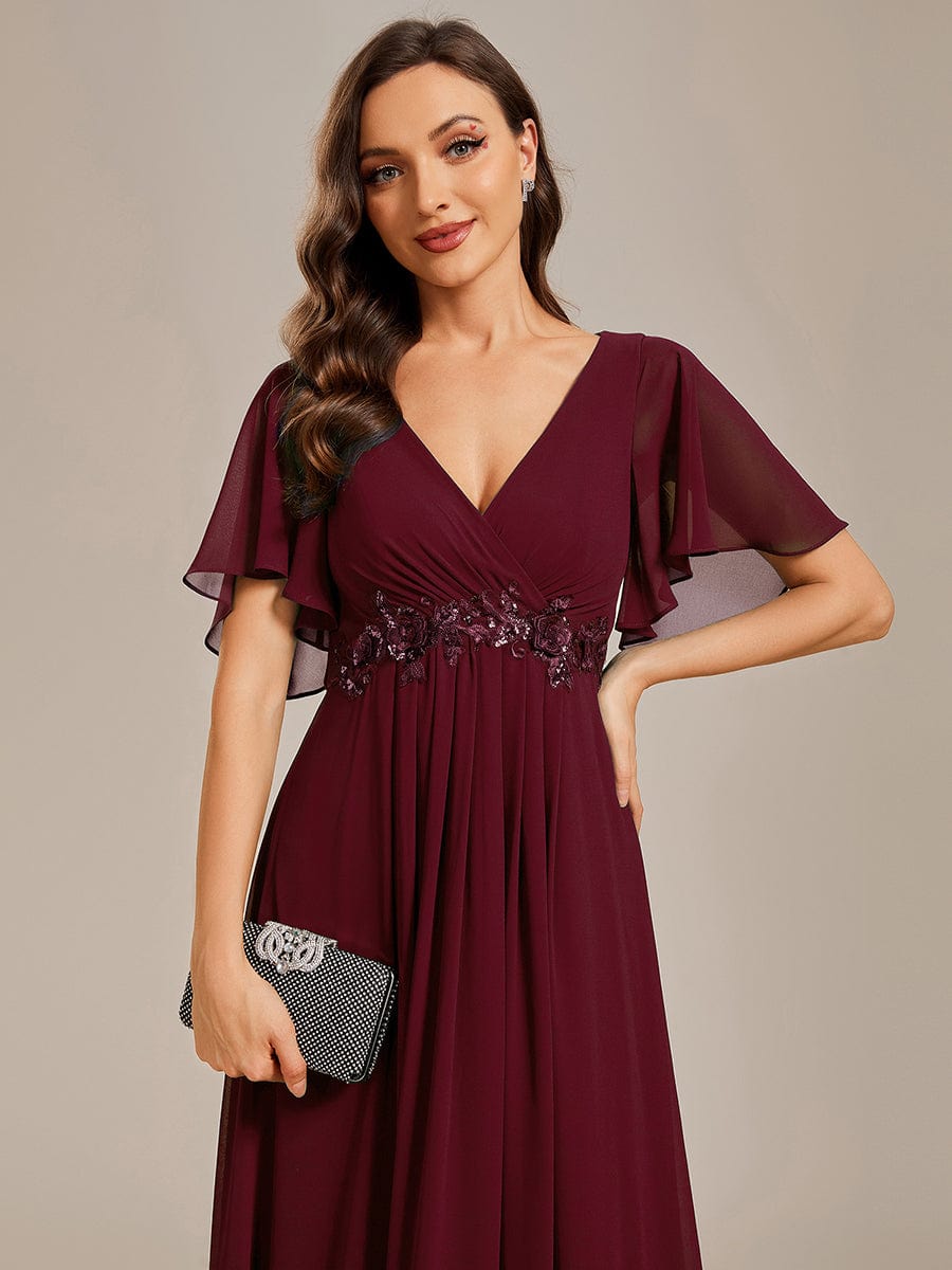 Ruffles Sleeve A-Line Chiffon Waist Applique Maxi Evening Dress #color_Burgundy Ruffles Sleeve A-Line Chiffon Waist Applique Maxi Evening Dress #color_Burgundy