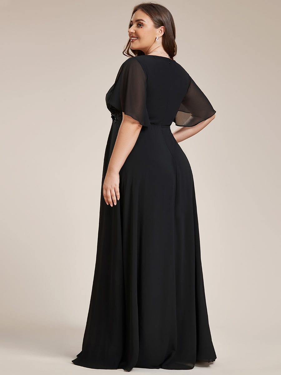 Plus Size Floral Applique Short Sleeve A-Line Chiffon Evening Dress #color_Black Plus Size Floral Applique Short Sleeve A-Line Chiffon Evening Dress #color_Black