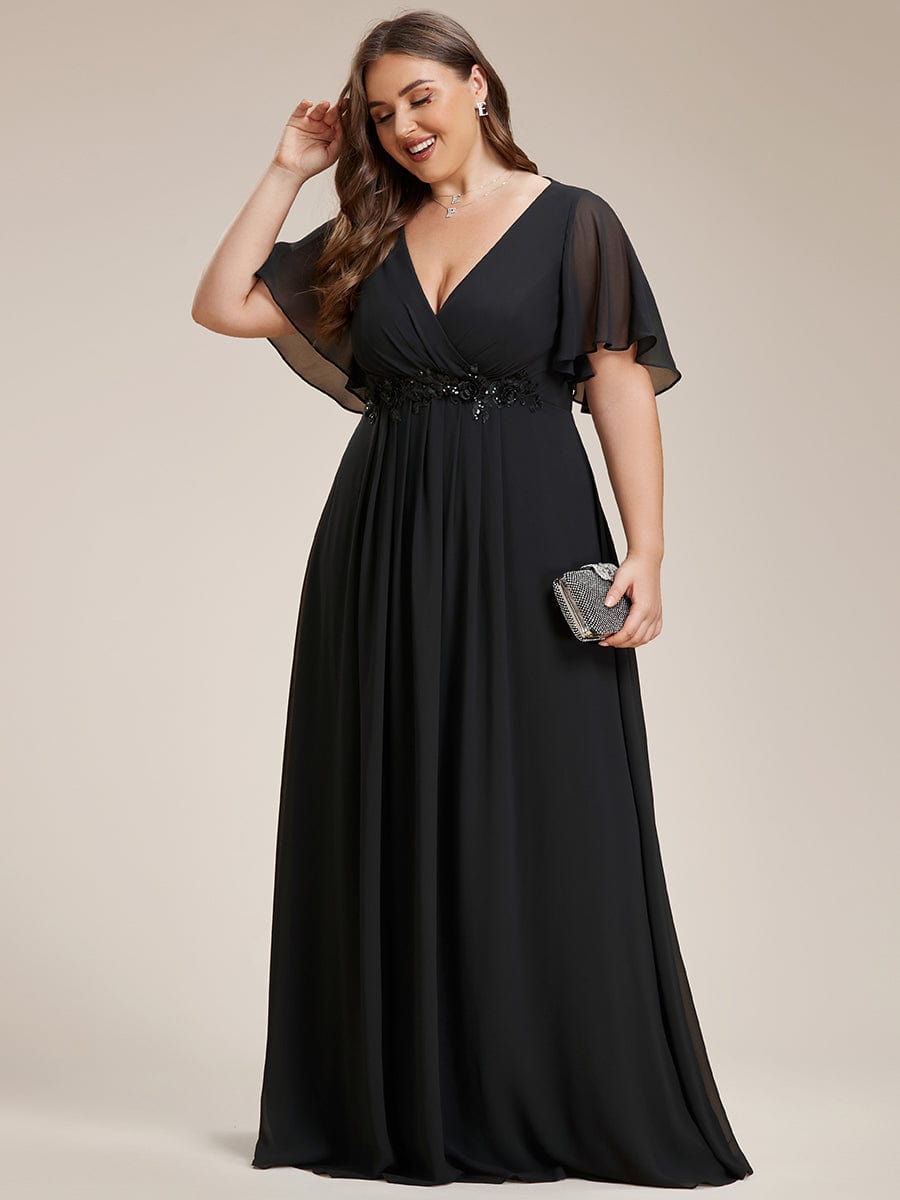 Plus Size Floral Applique Short Sleeve A-Line Chiffon Evening Dress #color_Black Plus Size Floral Applique Short Sleeve A-Line Chiffon Evening Dress #color_Black