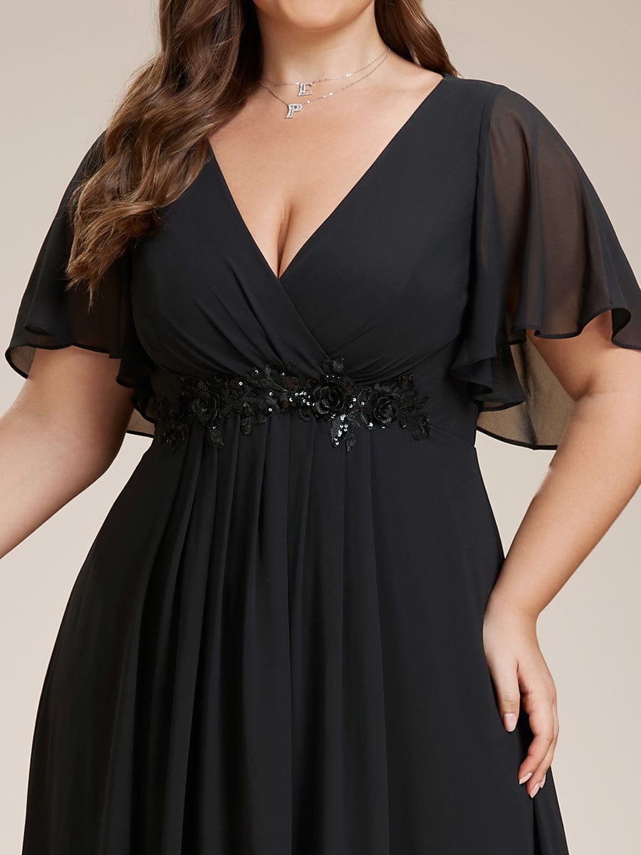 Plus Size Floral Applique Short Sleeve A-Line Chiffon Evening Dress #color_Black Plus Size Floral Applique Short Sleeve A-Line Chiffon Evening Dress #color_Black