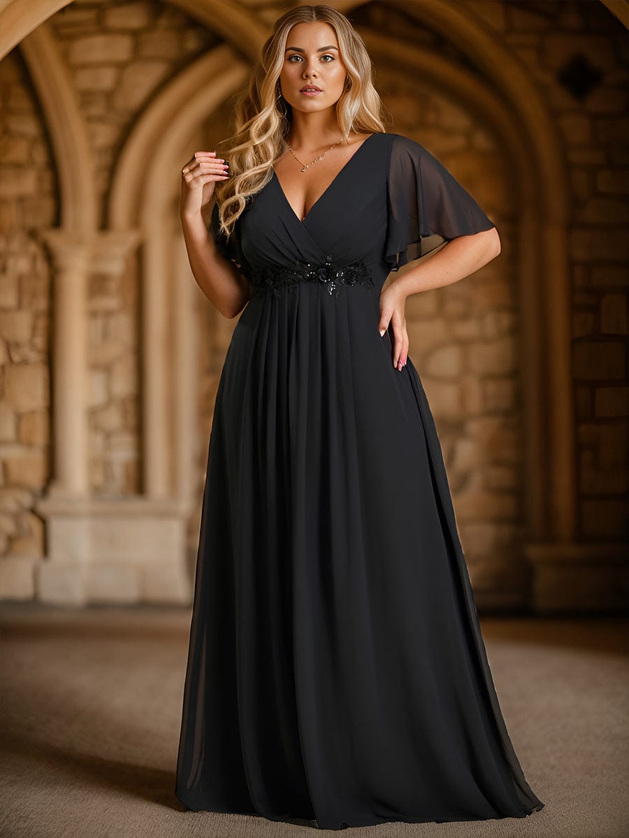 Plus Size Floral Applique Short Sleeve A-Line Chiffon Evening Dress #color_Black Plus Size Floral Applique Short Sleeve A-Line Chiffon Evening Dress #color_Black