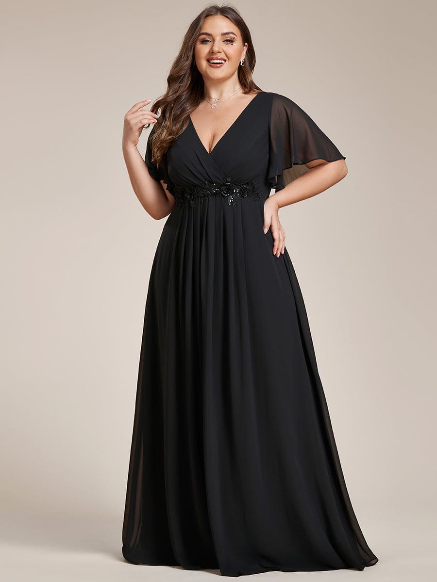 Plus Size Floral Applique Short Sleeve A-Line Chiffon Evening Dress #color_Black Plus Size Floral Applique Short Sleeve A-Line Chiffon Evening Dress #color_Black