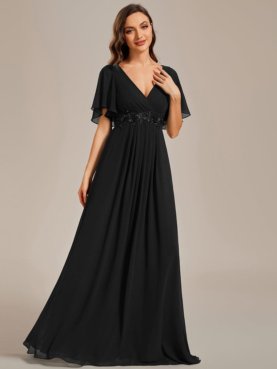 Ruffles Sleeve A-Line Chiffon Waist Applique Maxi Evening Dress #color_Black Ruffles Sleeve A-Line Chiffon Waist Applique Maxi Evening Dress #color_Black