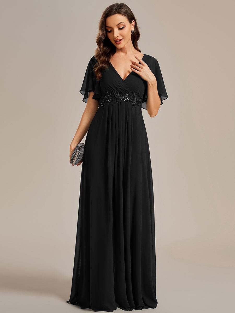Ruffles Sleeve A-Line Chiffon Waist Applique Maxi Evening Dress #color_Black Ruffles Sleeve A-Line Chiffon Waist Applique Maxi Evening Dress #color_Black