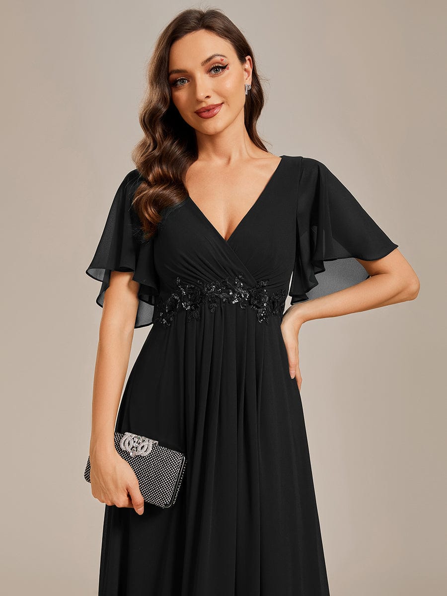 Ruffles Sleeve A-Line Chiffon Waist Applique Maxi Evening Dress #color_Black Ruffles Sleeve A-Line Chiffon Waist Applique Maxi Evening Dress #color_Black
