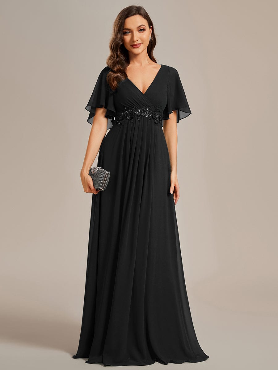 Ruffles Sleeve A-Line Chiffon Waist Applique Maxi Evening Dress #color_Black Ruffles Sleeve A-Line Chiffon Waist Applique Maxi Evening Dress #color_Black