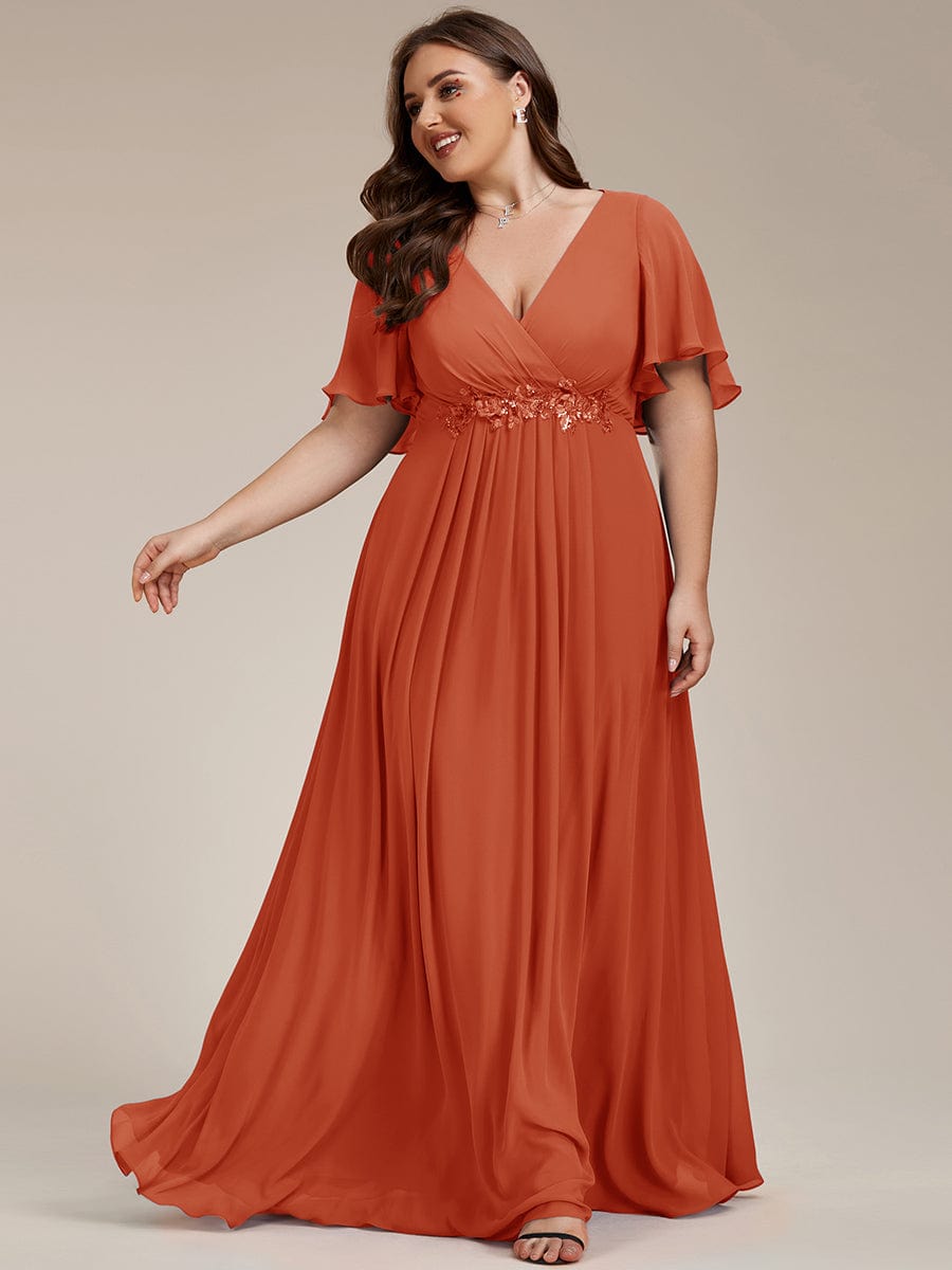 Plus Size Floral Applique Short Sleeve A-Line Chiffon Evening Dress #color_Burnt Orange Plus Size Floral Applique Short Sleeve A-Line Chiffon Evening Dress #color_Burnt Orange