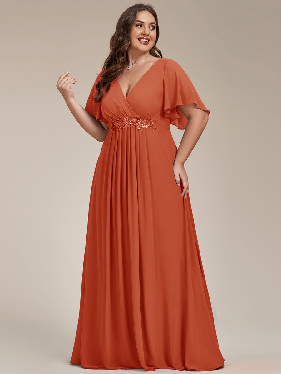 Ruffles Sleeve A-Line Chiffon Waist Applique Maxi Evening Dress #color_Burnt Orange Ruffles Sleeve A-Line Chiffon Waist Applique Maxi Evening Dress #color_Burnt Orange