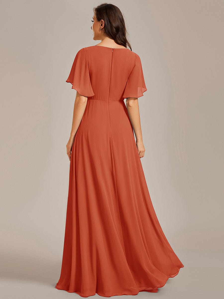 Ruffles Sleeve A-Line Chiffon Waist Applique Maxi Evening Dress #color_Burnt Orange Ruffles Sleeve A-Line Chiffon Waist Applique Maxi Evening Dress #color_Burnt Orange