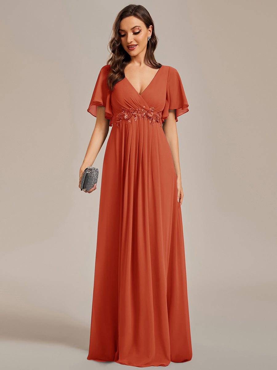 Ruffles Sleeve A-Line Chiffon Waist Applique Maxi Evening Dress #color_Burnt Orange Ruffles Sleeve A-Line Chiffon Waist Applique Maxi Evening Dress #color_Burnt Orange