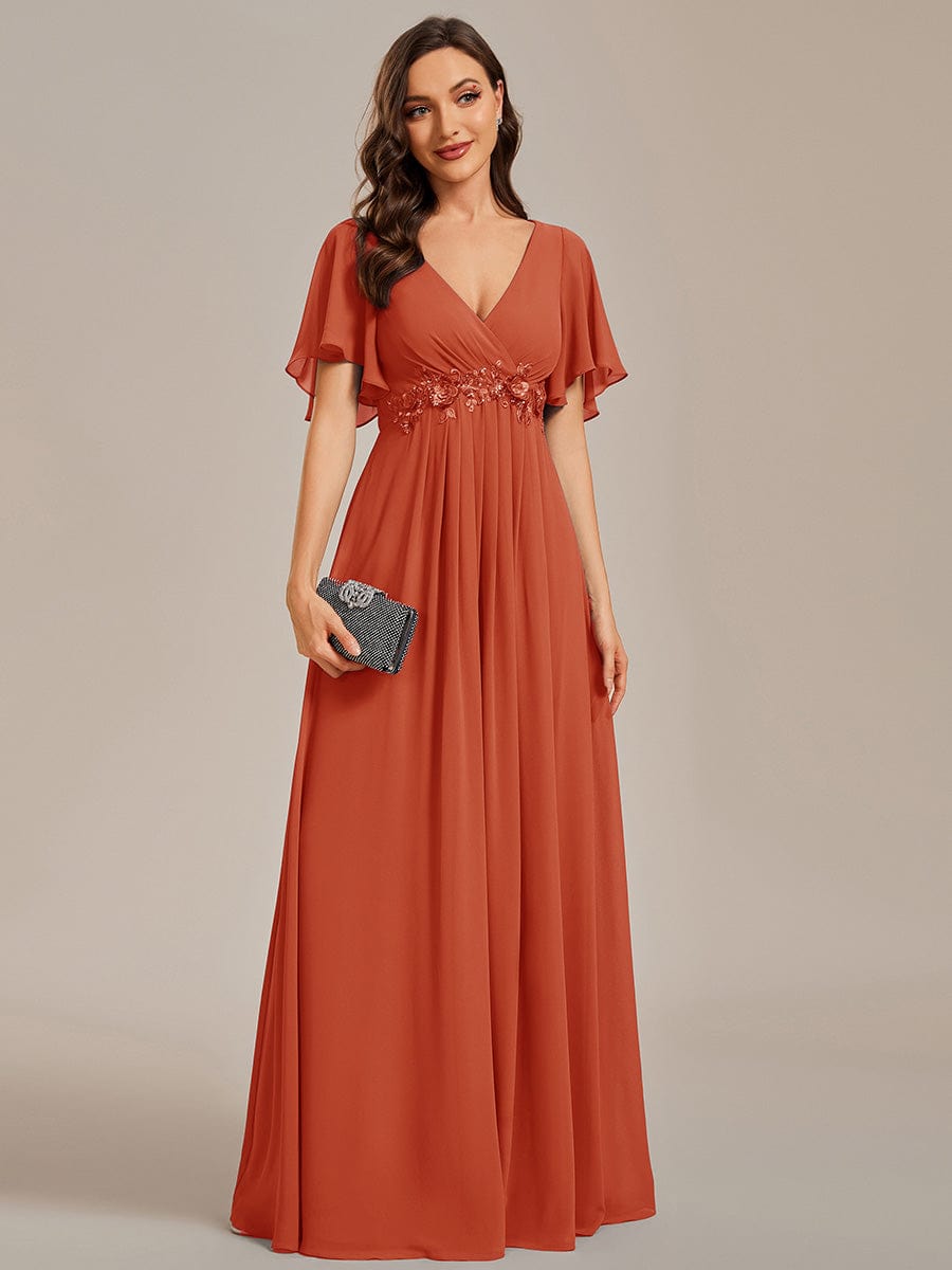 Ruffles Sleeve A-Line Chiffon Waist Applique Maxi Evening Dress #color_Burnt Orange Ruffles Sleeve A-Line Chiffon Waist Applique Maxi Evening Dress #color_Burnt Orange