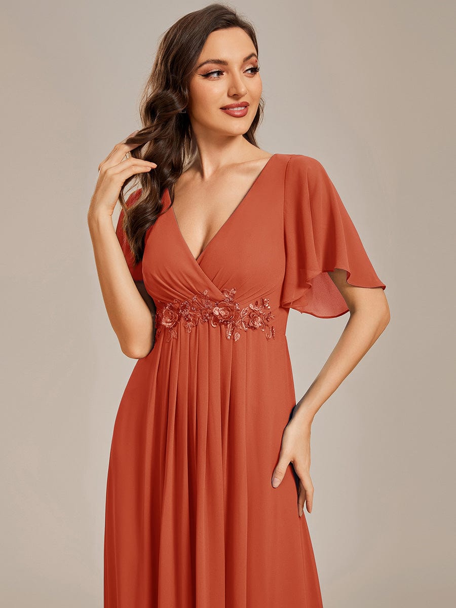 Ruffles Sleeve A-Line Chiffon Waist Applique Maxi Evening Dress #color_Burnt Orange Ruffles Sleeve A-Line Chiffon Waist Applique Maxi Evening Dress #color_Burnt Orange
