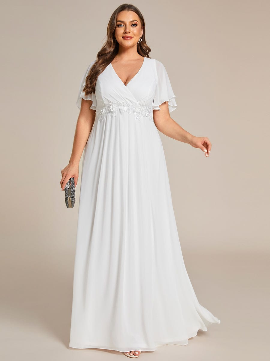Plus Size Floral Applique Short Sleeve A-Line Chiffon Evening Dress #color_Cream Plus Size Floral Applique Short Sleeve A-Line Chiffon Evening Dress #color_Cream