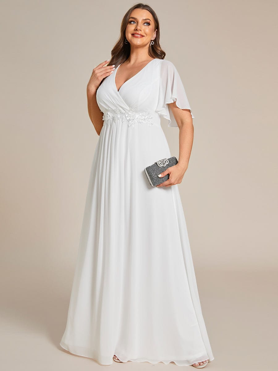 Plus Size Floral Applique Short Sleeve A-Line Chiffon Evening Dress #color_Cream Plus Size Floral Applique Short Sleeve A-Line Chiffon Evening Dress #color_Cream