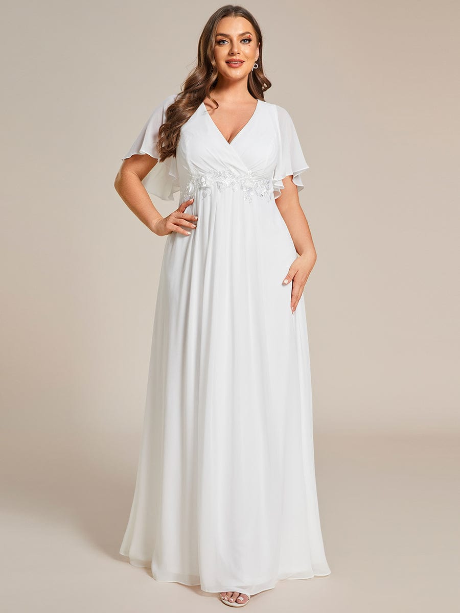 Plus Size Floral Applique Short Sleeve A-Line Chiffon Evening Dress #color_Cream Plus Size Floral Applique Short Sleeve A-Line Chiffon Evening Dress #color_Cream