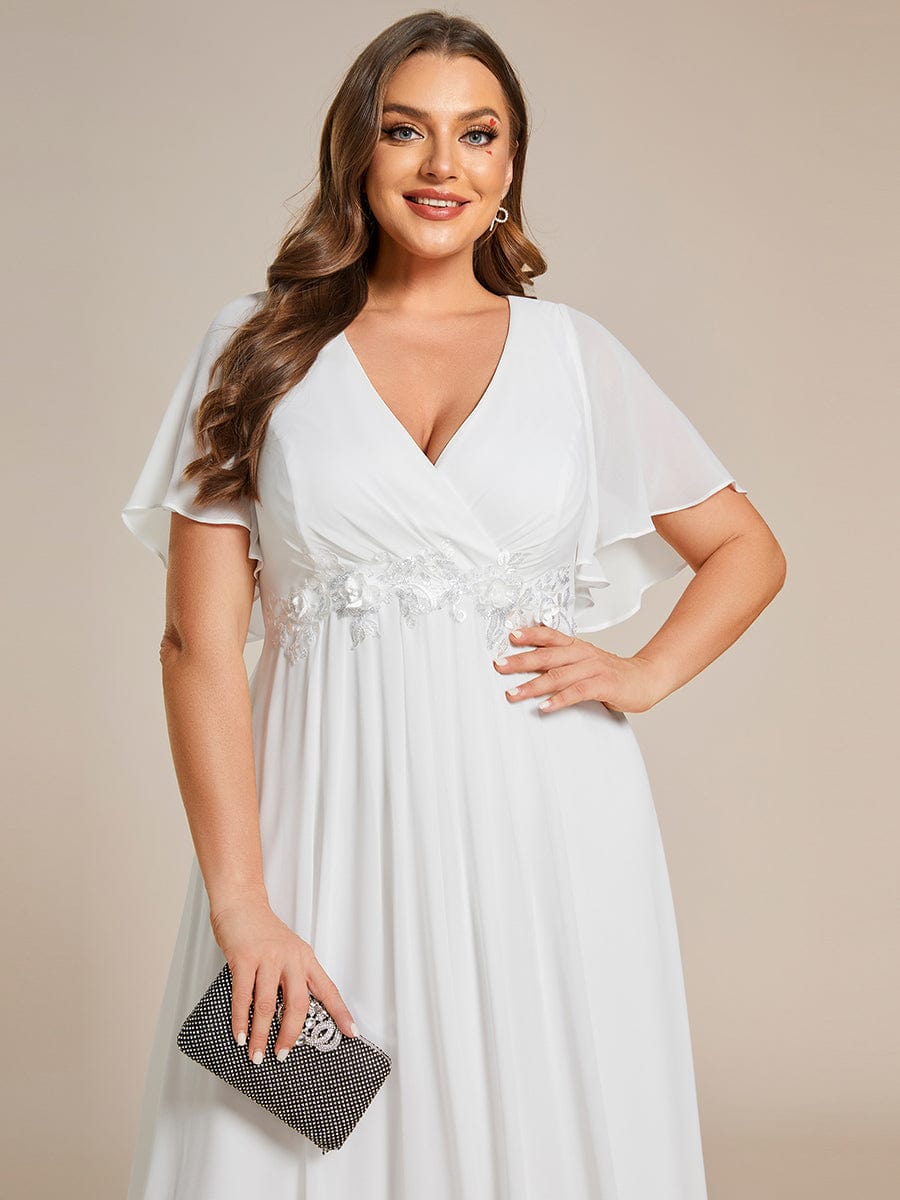 Plus Size Floral Applique Short Sleeve A-Line Chiffon Evening Dress #color_Cream Plus Size Floral Applique Short Sleeve A-Line Chiffon Evening Dress #color_Cream