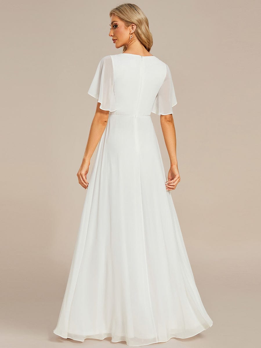Ruffles Sleeve A-Line Chiffon Waist Applique Maxi Evening Dress #color_Cream Ruffles Sleeve A-Line Chiffon Waist Applique Maxi Evening Dress #color_Cream