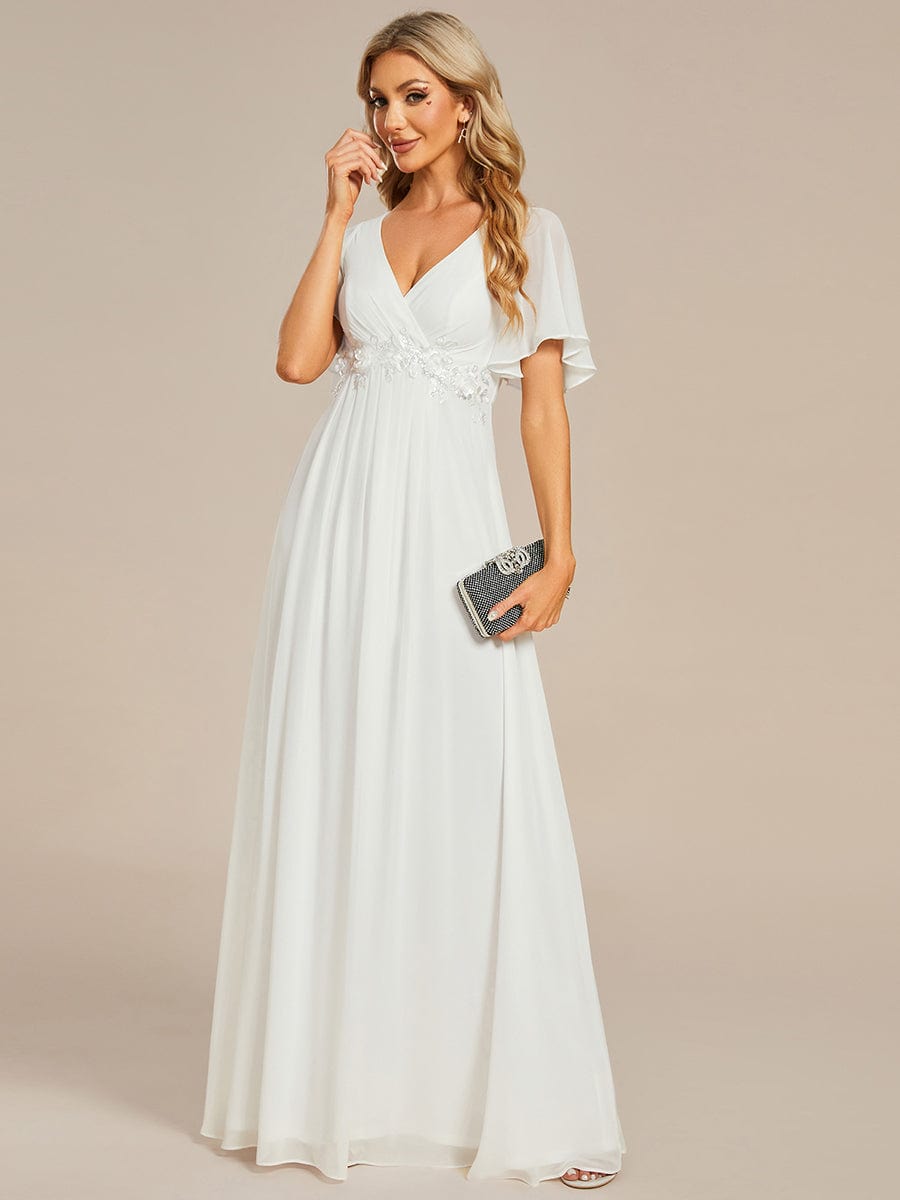 Ruffles Sleeve A-Line Chiffon Waist Applique Maxi Evening Dress #color_Cream Ruffles Sleeve A-Line Chiffon Waist Applique Maxi Evening Dress #color_Cream