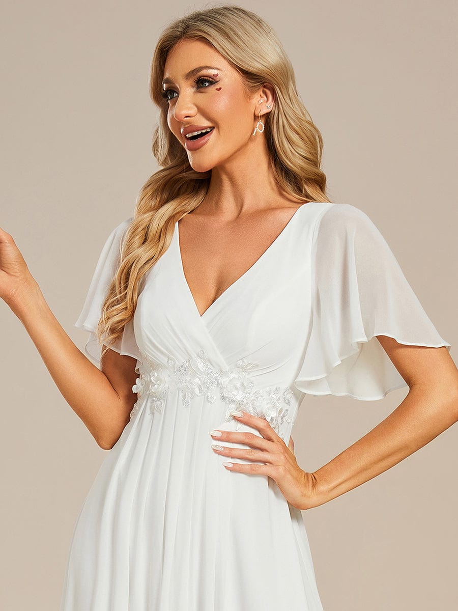 Ruffles Sleeve A-Line Chiffon Waist Applique Maxi Evening Dress #color_Cream Ruffles Sleeve A-Line Chiffon Waist Applique Maxi Evening Dress #color_Cream