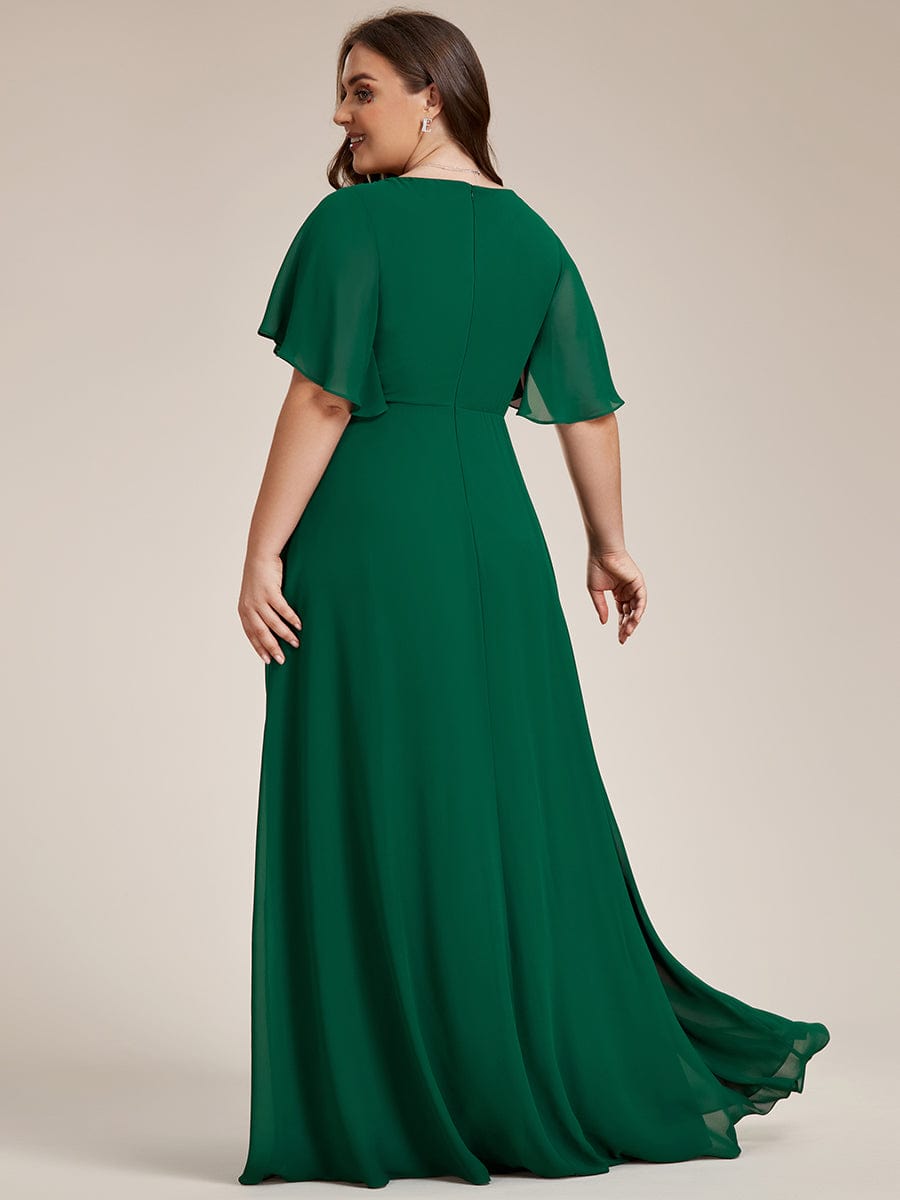 Plus Size Floral Applique Short Sleeve A-Line Chiffon Evening Dress #color_Dark Green Plus Size Floral Applique Short Sleeve A-Line Chiffon Evening Dress #color_Dark Green