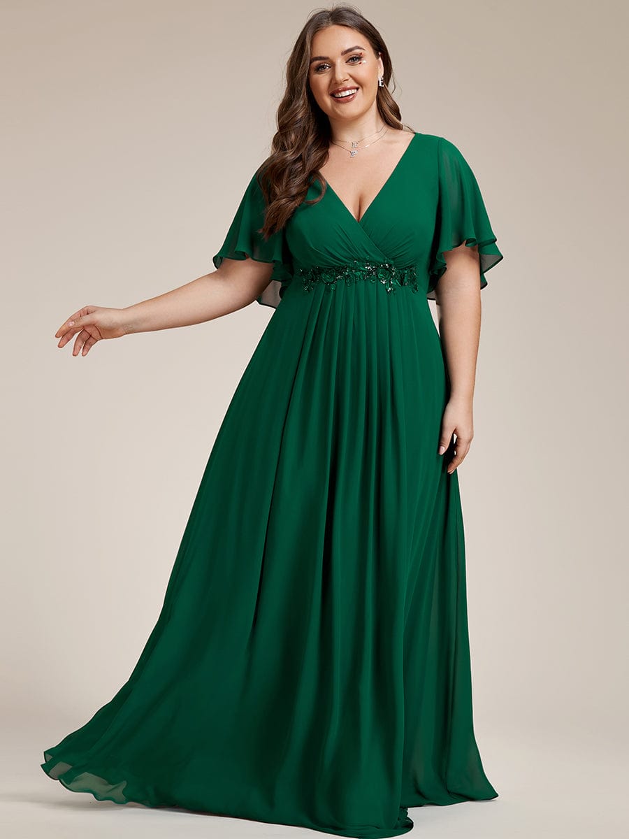 Plus Size Floral Applique Short Sleeve A-Line Chiffon Evening Dress #color_Dark Green Plus Size Floral Applique Short Sleeve A-Line Chiffon Evening Dress #color_Dark Green