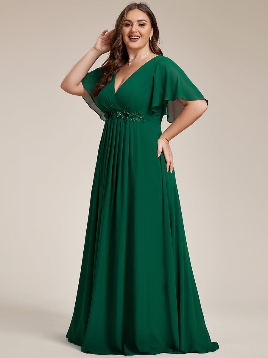 Plus Size Floral Applique Short Sleeve A-Line Chiffon Evening Dress #color_Dark Green Plus Size Floral Applique Short Sleeve A-Line Chiffon Evening Dress #color_Dark Green