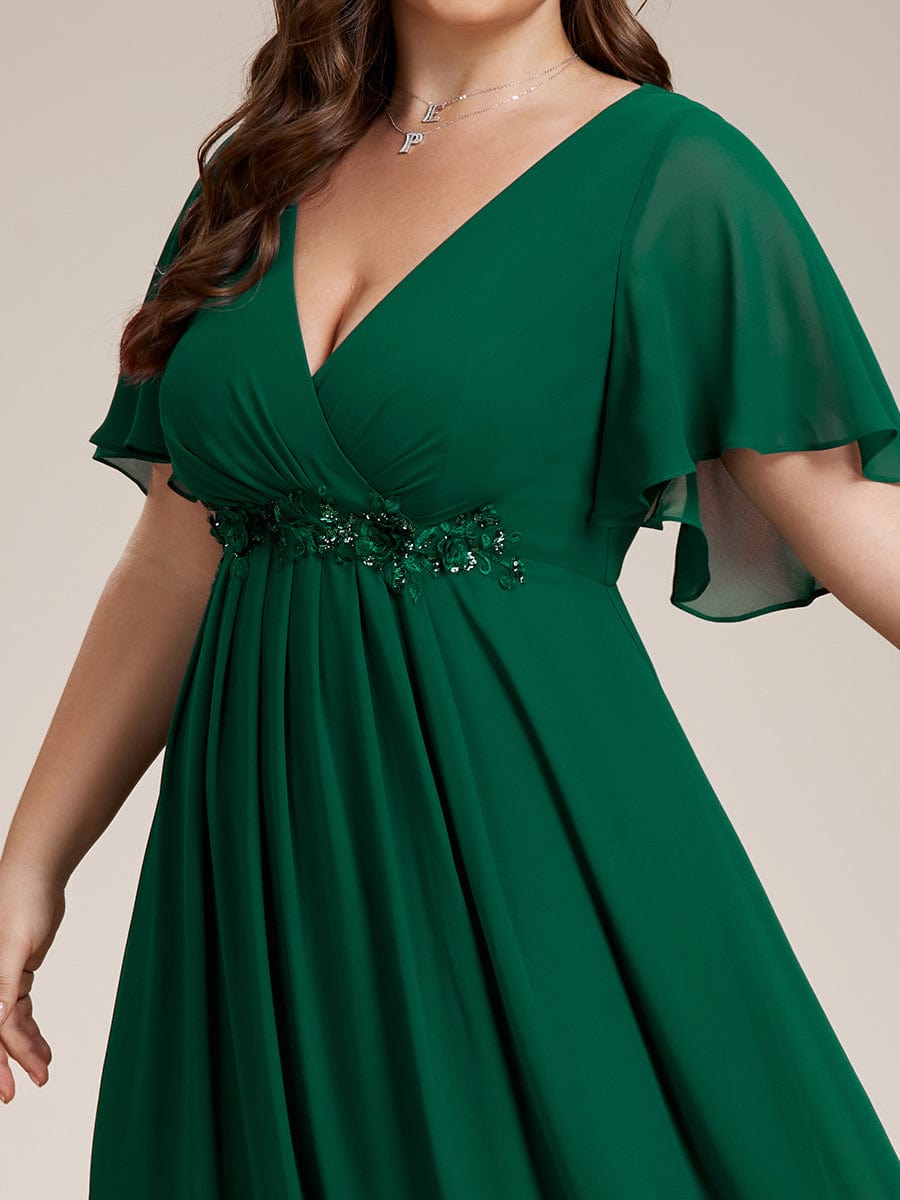 Plus Size Floral Applique Short Sleeve A-Line Chiffon Evening Dress #color_Dark Green Plus Size Floral Applique Short Sleeve A-Line Chiffon Evening Dress #color_Dark Green