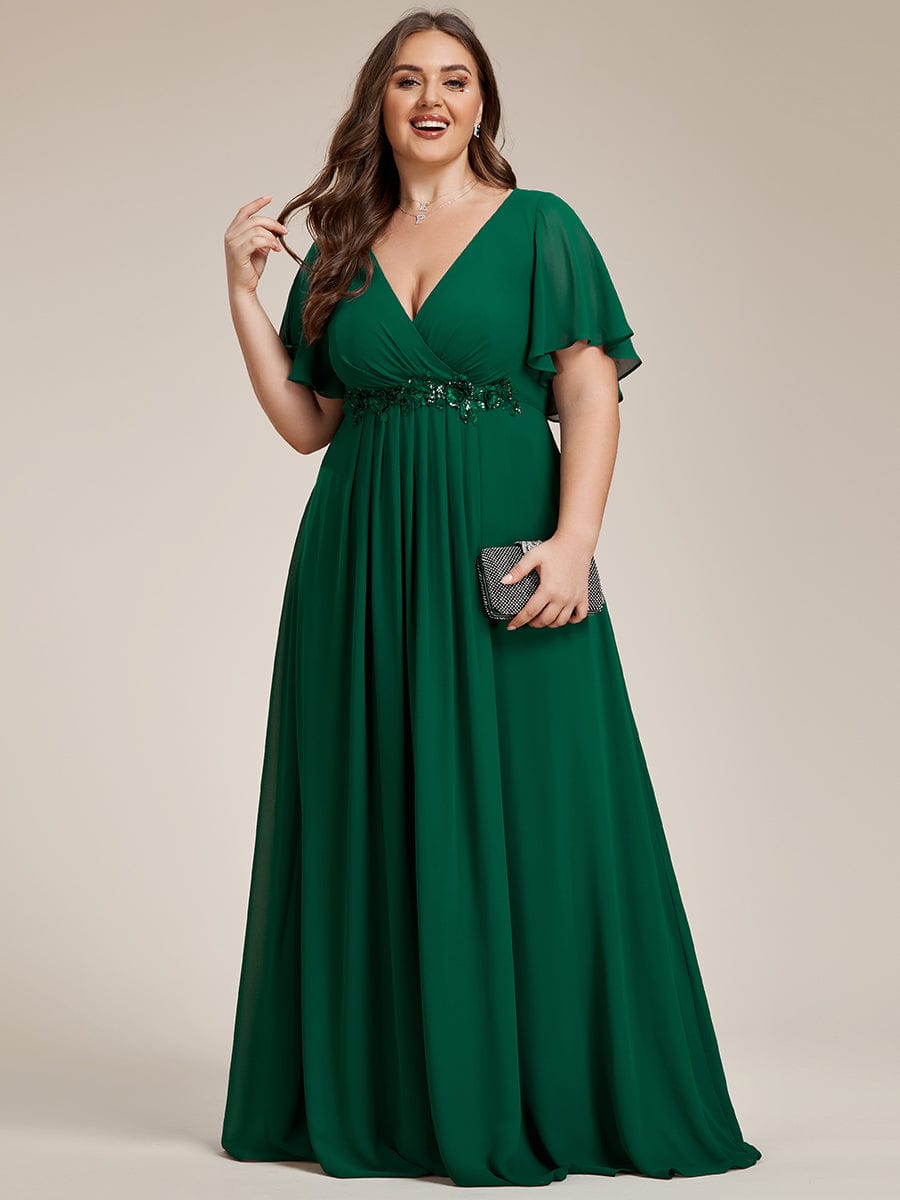 Plus Size Floral Applique Short Sleeve A-Line Chiffon Evening Dress #color_Dark Green Plus Size Floral Applique Short Sleeve A-Line Chiffon Evening Dress #color_Dark Green