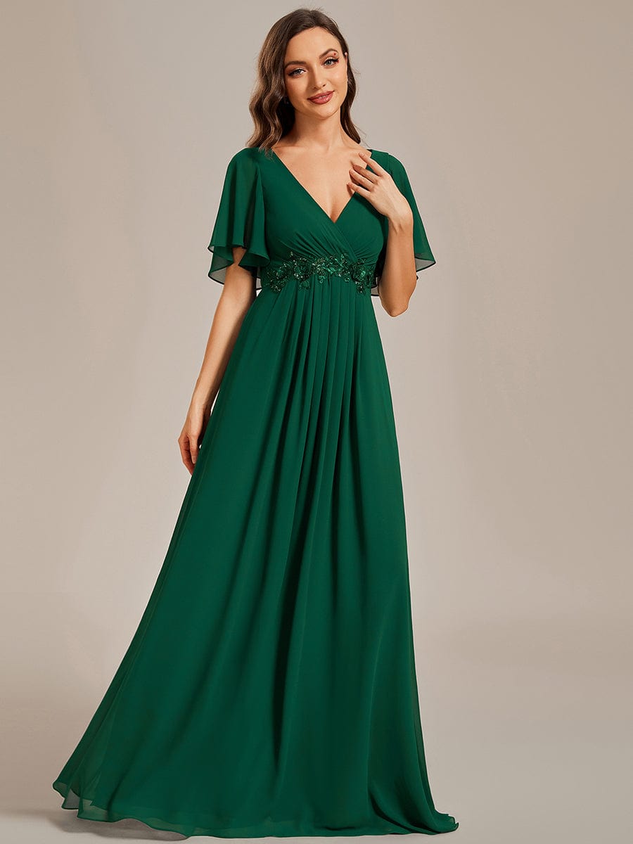 Ruffles Sleeve A-Line Chiffon Waist Applique Maxi Evening Dress #color_Dark Green Ruffles Sleeve A-Line Chiffon Waist Applique Maxi Evening Dress #color_Dark Green