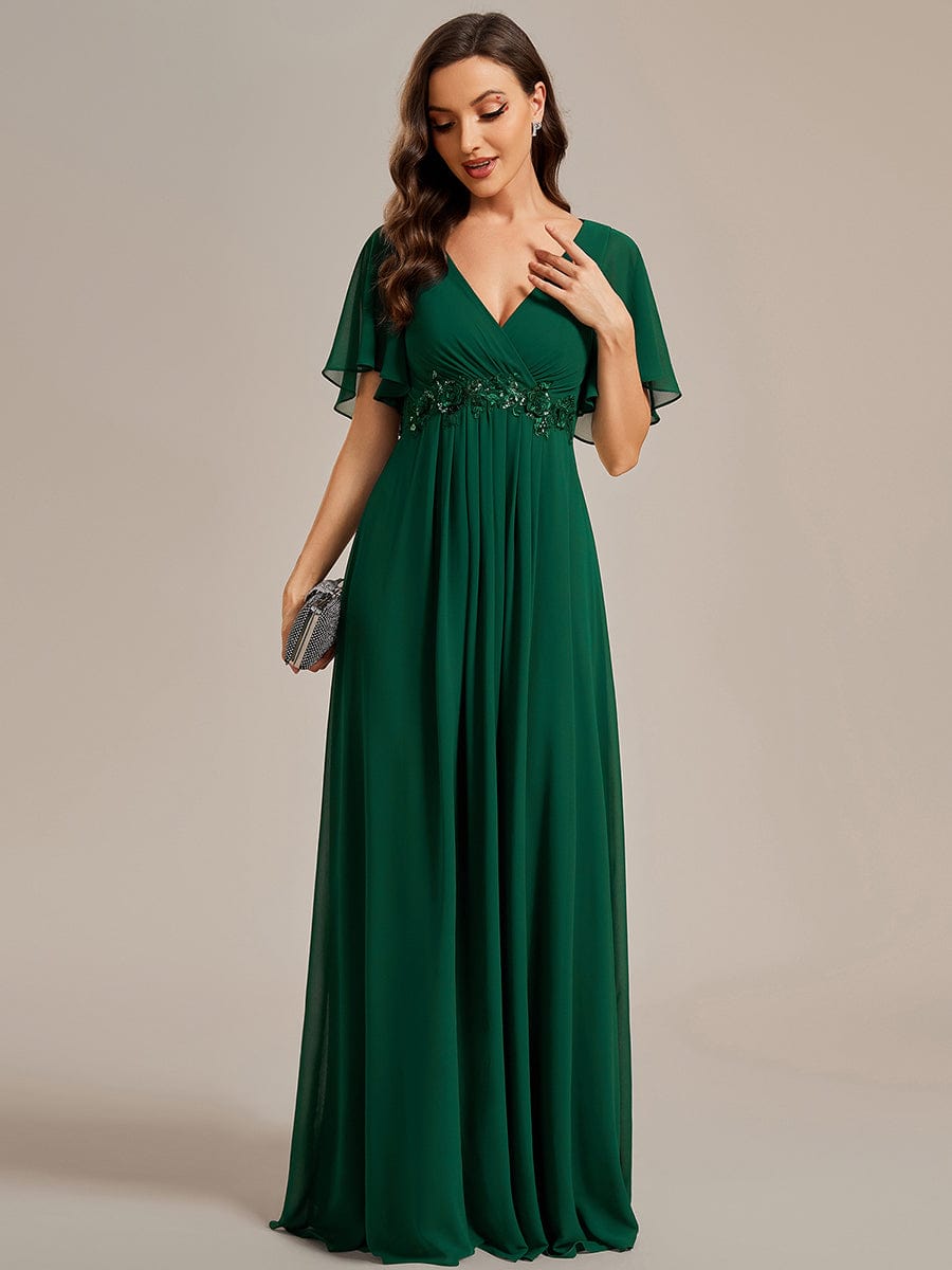 Ruffles Sleeve A-Line Chiffon Waist Applique Maxi Evening Dress #color_Dark Green Ruffles Sleeve A-Line Chiffon Waist Applique Maxi Evening Dress #color_Dark Green
