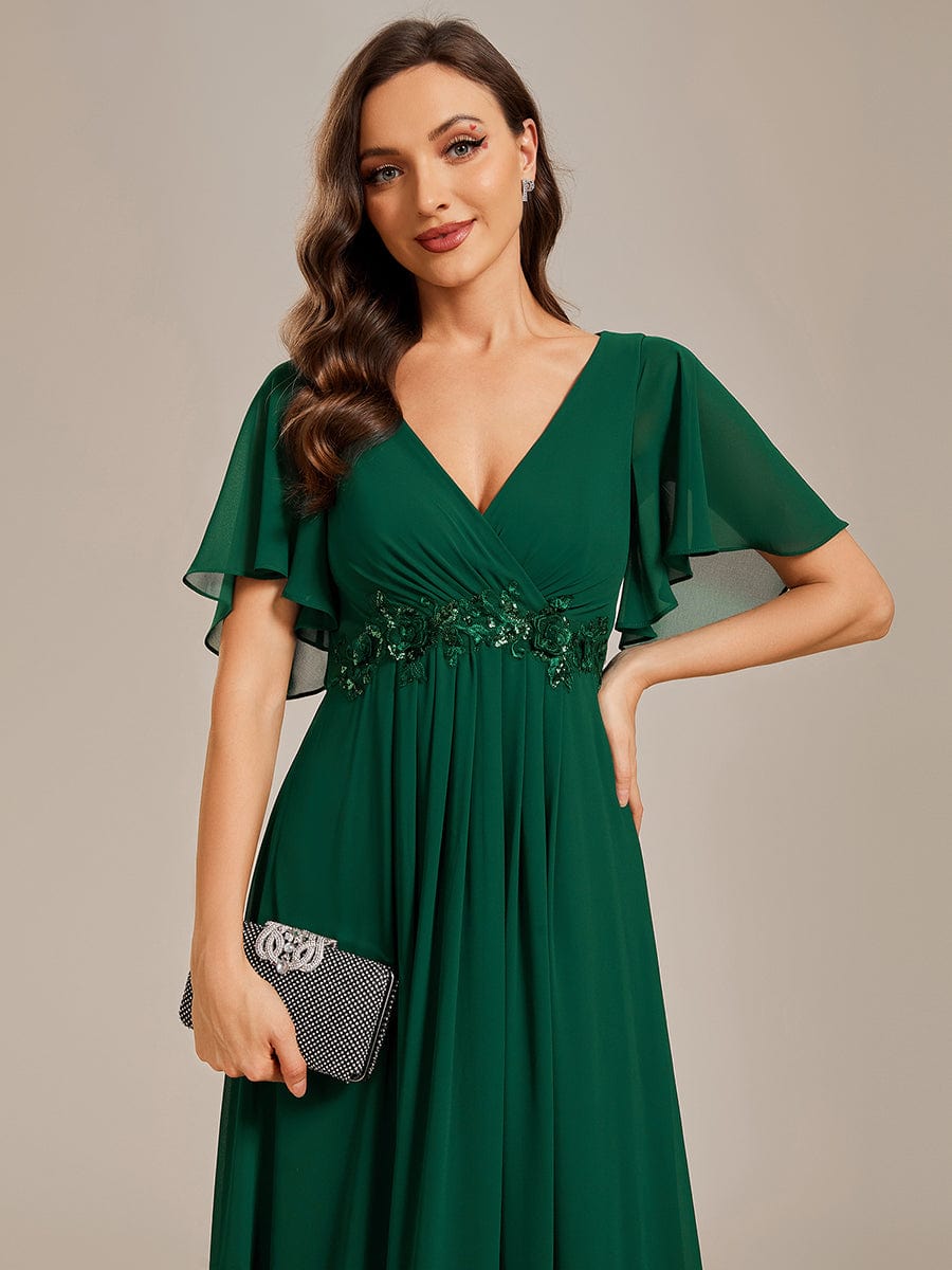 Ruffles Sleeve A-Line Chiffon Waist Applique Maxi Evening Dress #color_Dark Green Ruffles Sleeve A-Line Chiffon Waist Applique Maxi Evening Dress #color_Dark Green