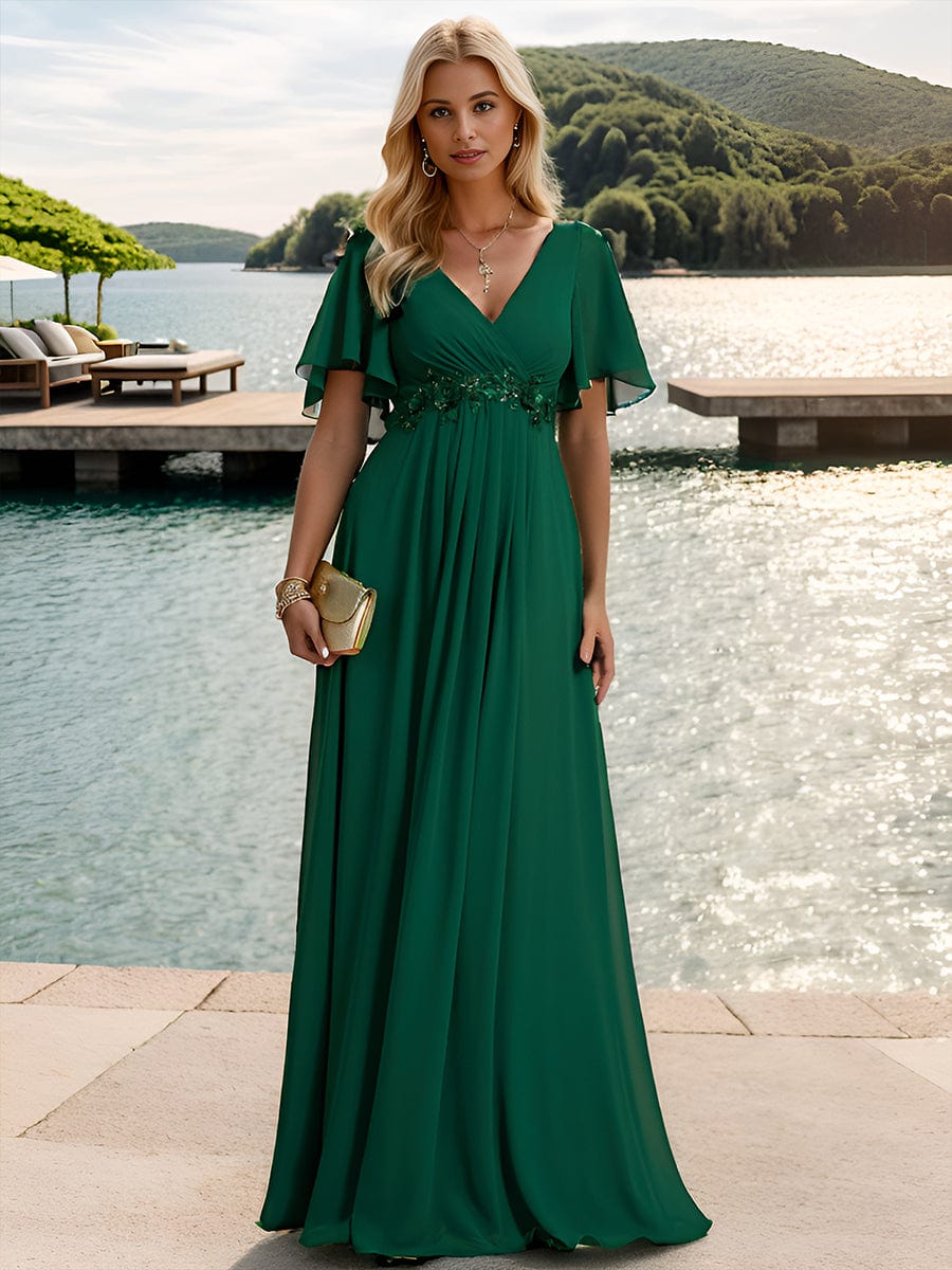Ruffles Sleeve A-Line Chiffon Waist Applique Maxi Evening Dress #color_Dark Green Ruffles Sleeve A-Line Chiffon Waist Applique Maxi Evening Dress #color_Dark Green