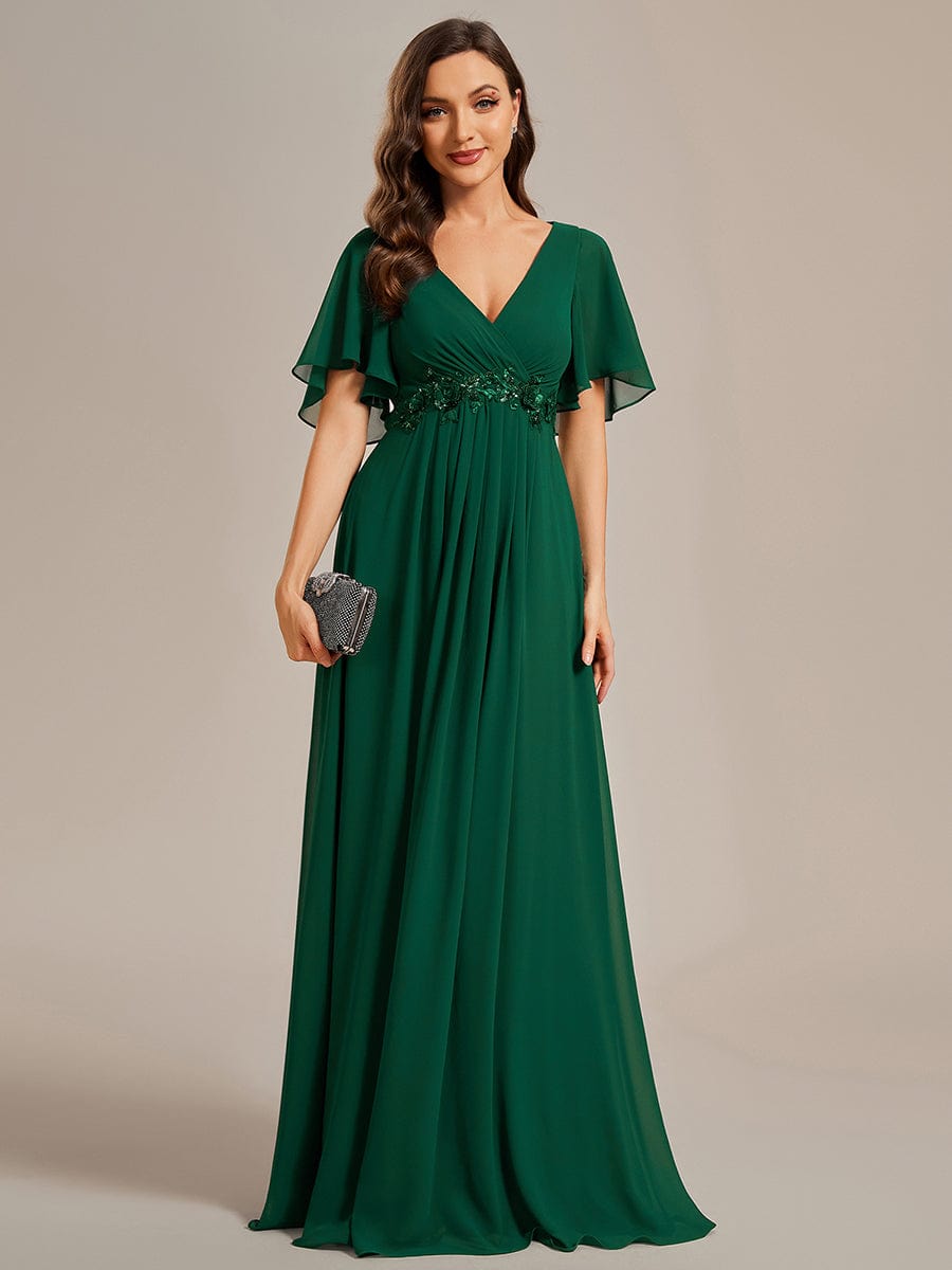 Ruffles Sleeve A-Line Chiffon Waist Applique Maxi Evening Dress #color_Dark Green Ruffles Sleeve A-Line Chiffon Waist Applique Maxi Evening Dress #color_Dark Green