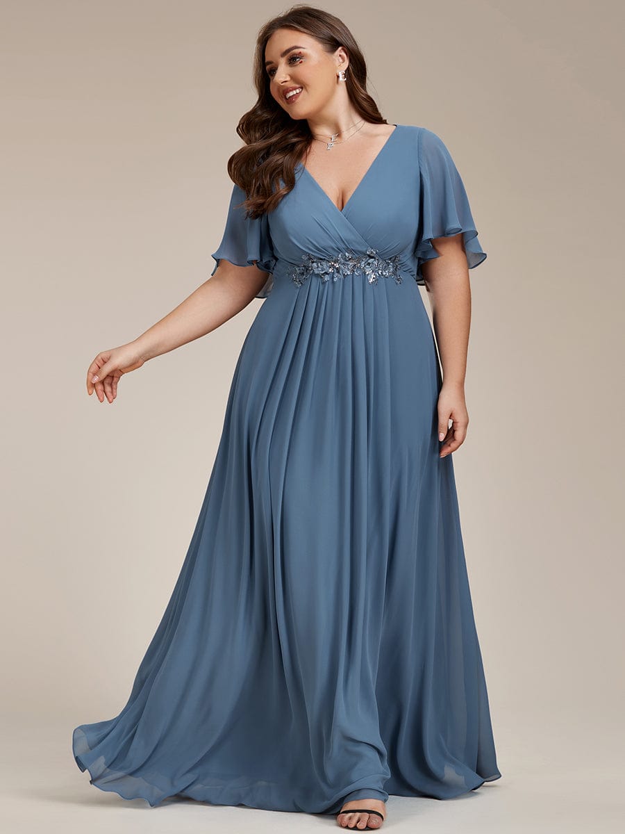 Plus Size Floral Applique Short Sleeve A-Line Chiffon Evening Dress #color_Dusty Navy Plus Size Floral Applique Short Sleeve A-Line Chiffon Evening Dress #color_Dusty Navy