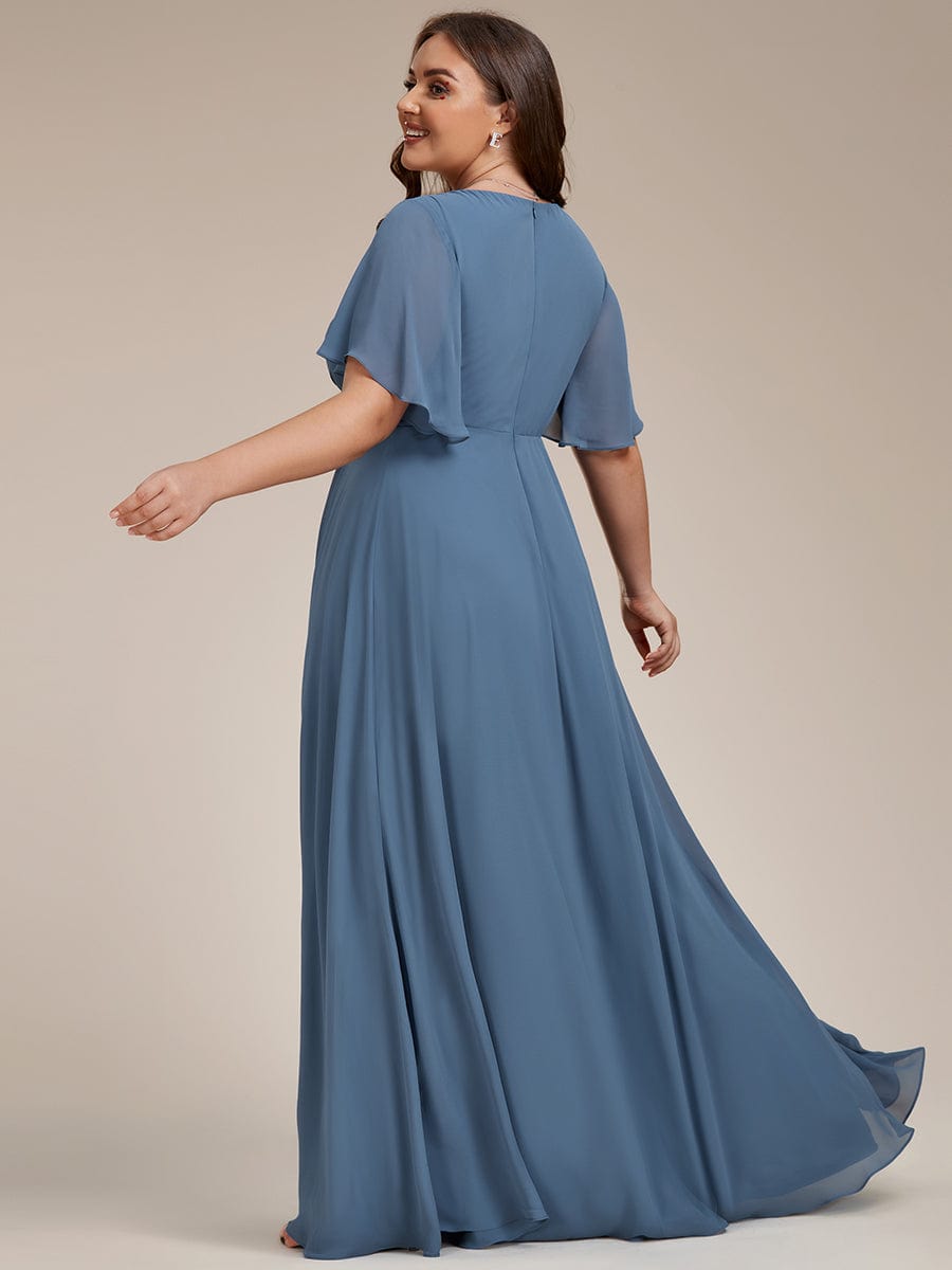 Plus Size Floral Applique Short Sleeve A-Line Chiffon Evening Dress #color_Dusty Navy Plus Size Floral Applique Short Sleeve A-Line Chiffon Evening Dress #color_Dusty Navy