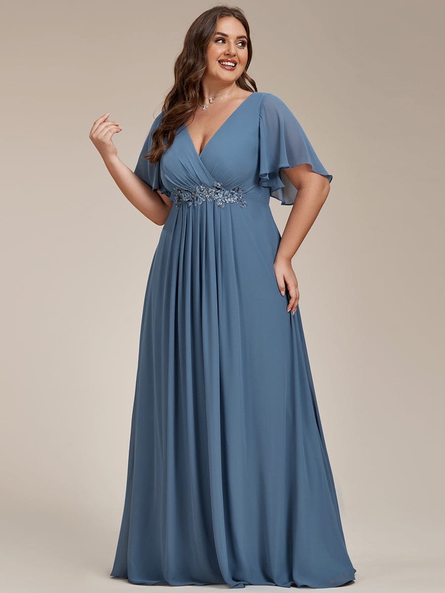 Plus Size Floral Applique Short Sleeve A-Line Chiffon Evening Dress #color_Dusty Navy Plus Size Floral Applique Short Sleeve A-Line Chiffon Evening Dress #color_Dusty Navy