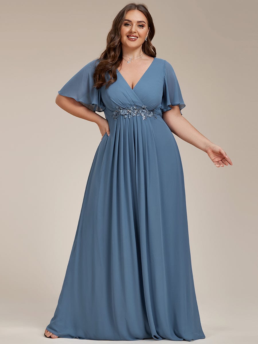 Plus Size Floral Applique Short Sleeve A-Line Chiffon Evening Dress #color_Dusty Navy Plus Size Floral Applique Short Sleeve A-Line Chiffon Evening Dress #color_Dusty Navy