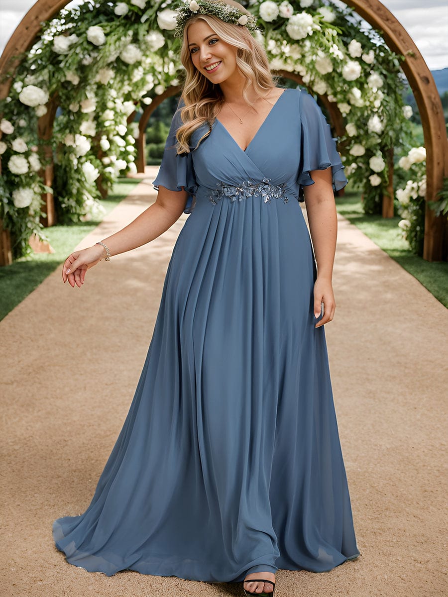 Plus Size Floral Applique Short Sleeve A-Line Chiffon Evening Dress #color_Dusty Navy Plus Size Floral Applique Short Sleeve A-Line Chiffon Evening Dress #color_Dusty Navy